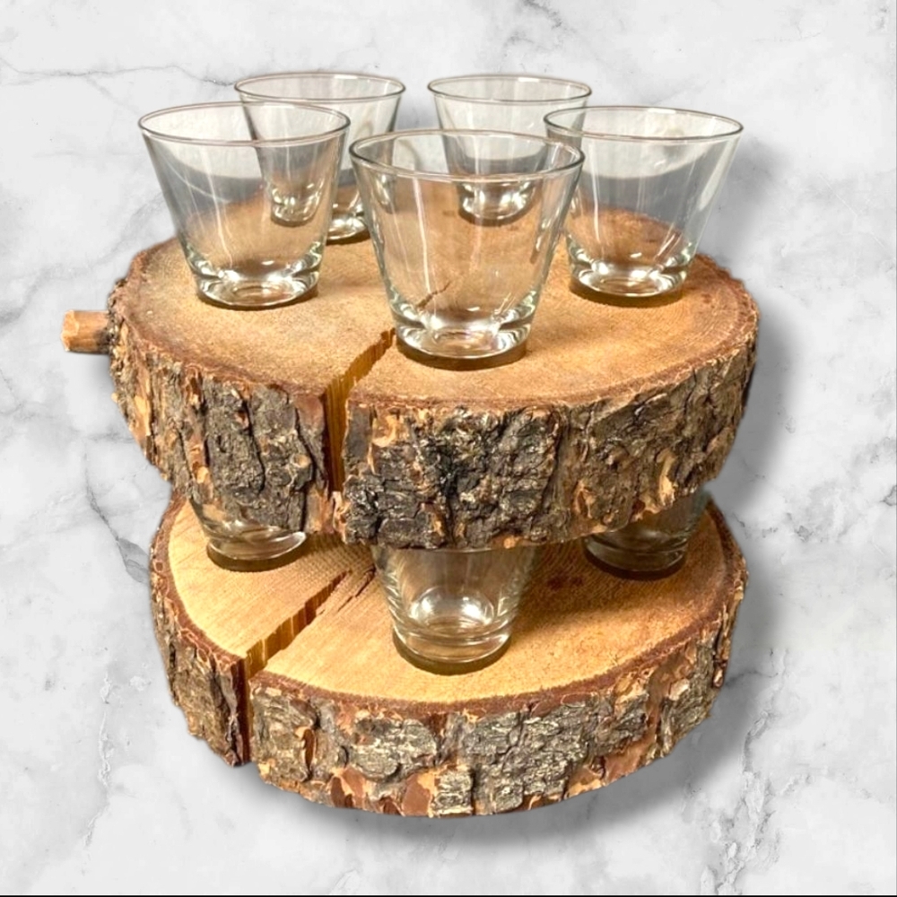 Shot Flight Board Rustic Set 2 Wood Slab 10 Glass Shot Flight for BBQ Parties